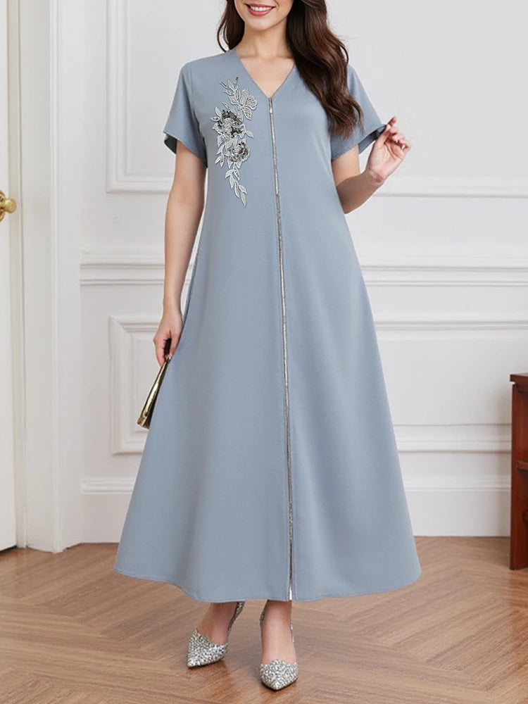 Rafiah Women's Dresses Summer Casual Basics Floral Appliques Zipper Short Sleeve V-Neck Midi Long Dress Shift Daily Dresses