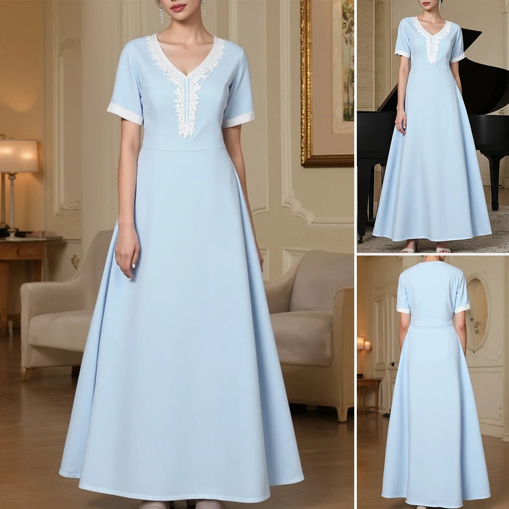 Rafiah Women's Dresses Summer Elegant Fashion 2025 Plain Embroidery Short Sleeve V-Neck A Line Midi Vacation Long Dress