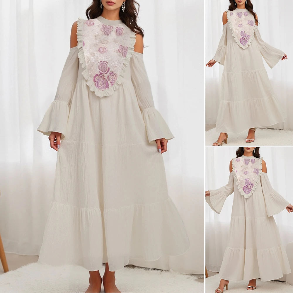 Rafiah Autumn Arabian Long Dress 2025 Cute Chic Flounce Floral Flare Sleeve Mock Neck A-Line Long Dress For Women