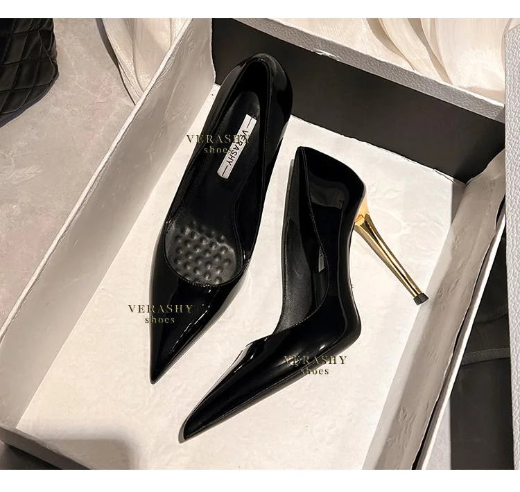 Green Shoes Quality Woman Pumps Patent Leather High Heels Sexy Party Shoes Metal Stilettos Luxury Wine red High-heeled Shoes
