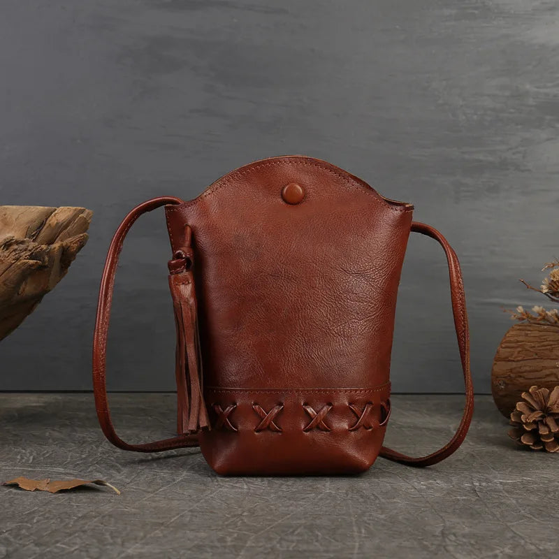 MOTAORA New Small Cowhide Women Shoulder Bag Casual Tassel Bucket Handbag Mini Genuine Leather Mobile Phone Crossbody Bag Purse