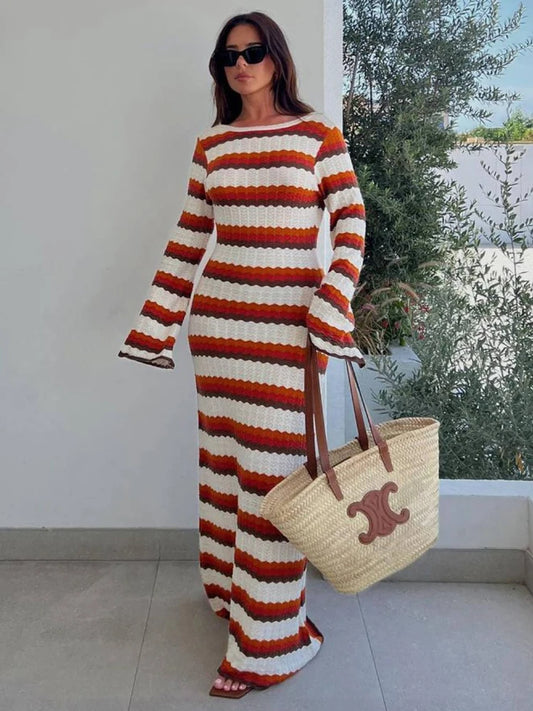 Tossy Striped Contrast Knit Maxi Dress Women Hollow Out Long Sleeve Cover up Summer Loose Ladies Dress High Waist Fashion Dress