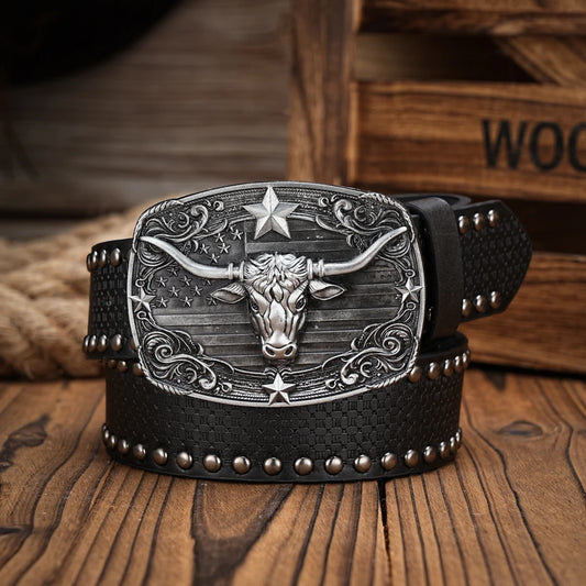 Men & Women-Western-Cowboy-PU Leather-Belts - Vintage horse Belt Floral Engraved Buckle Belt for Jeans