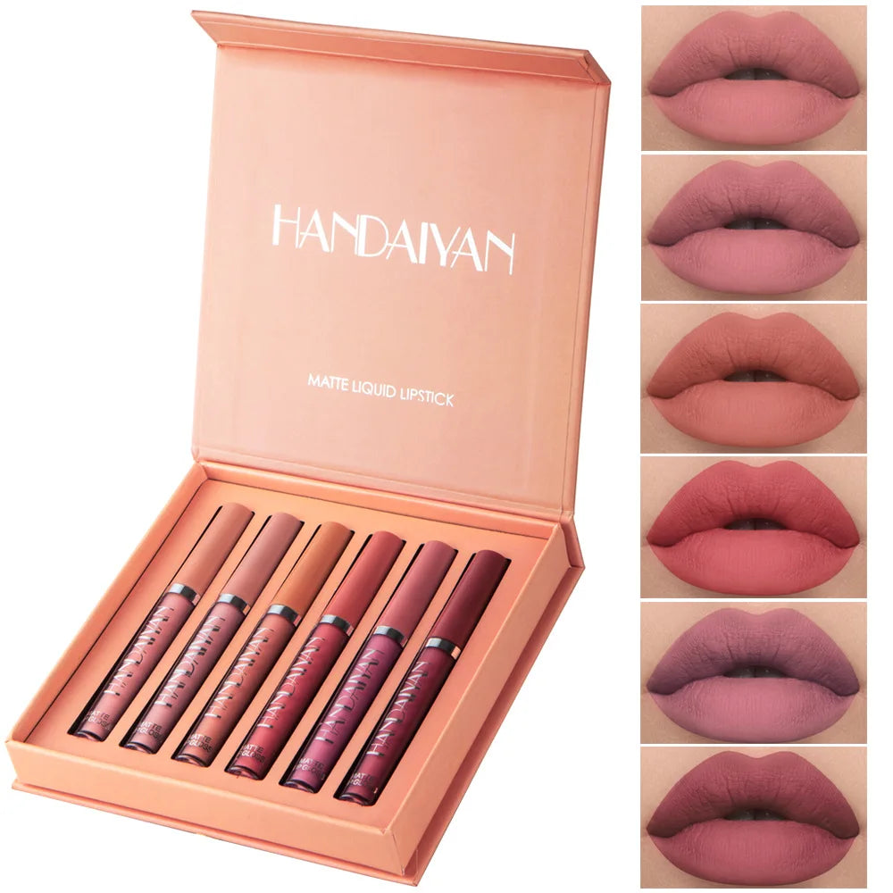 HANDAIYAN 6 Shade Lipstick Set Matte Finish Liquid Lip Gloss Waterproof Long Lasting No Smudge Vegan Beauty