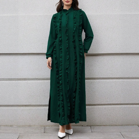 Rafiah Women's Casual Fashion Long Sleeve High Neck Loose Fit Solid Color Dress with Subtle Ruffled Hem Evening Dresses
