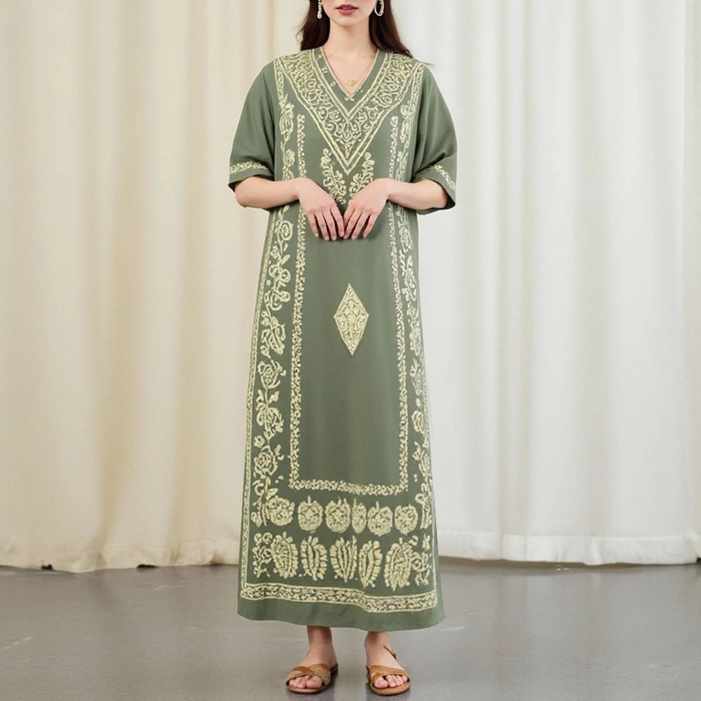 Rafiah Autumn Arabian Long Dress 2025 Classic Modest Graphic Printing Short Sleeve V-Neck Loose Fit Dress For Women