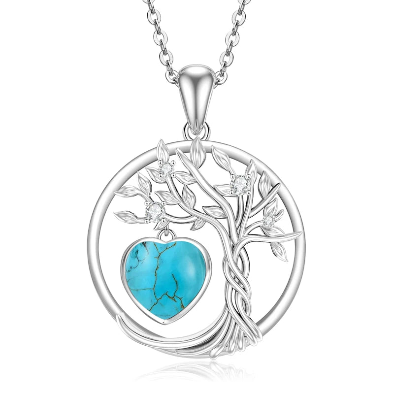 Lnngy 925 Sterling Silver Tree of Life Circle Pendant Necklace Colorful Birthday Stone Necklaces Jewelry for Women Daily Gift