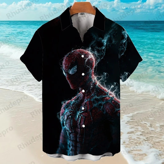 Disney Spider-Man Superhero Cartoon Hawaiian Shirt Print Men's Lapel Short Sleeve Single Shirt Casual Trendy Versatile