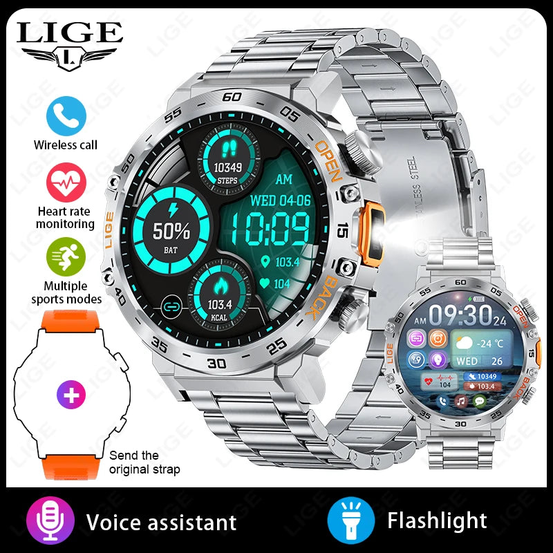 LIGE LED Flashlight Smart Watch Military Watches SOS Bluetooth Call Waterproof Health Monitor Sport Smartwatch For Android ios