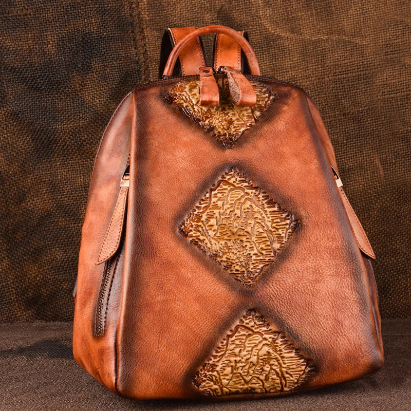 Handmade Retro Embossed Floral Backpack For Women Genuine Cowhide Leather Fashion Women Bag Solid Color Muti-function Backpacks