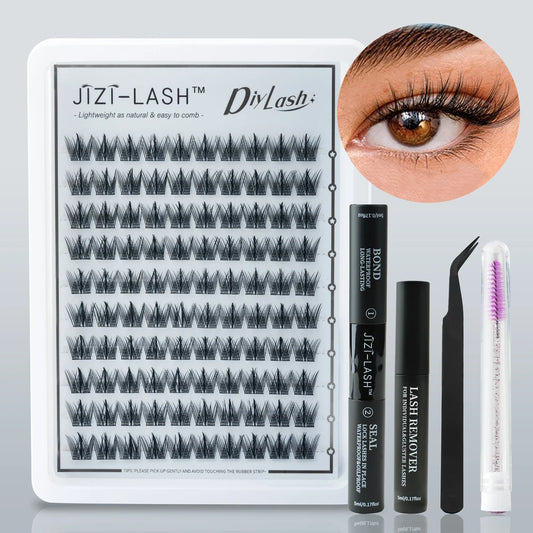 JIZI-LASH False Eyelashes Extensions Kit Lash Bond and Seal Lashes Remover Set 100Pcs DIY Long Clusters D Curved Make Up Tool