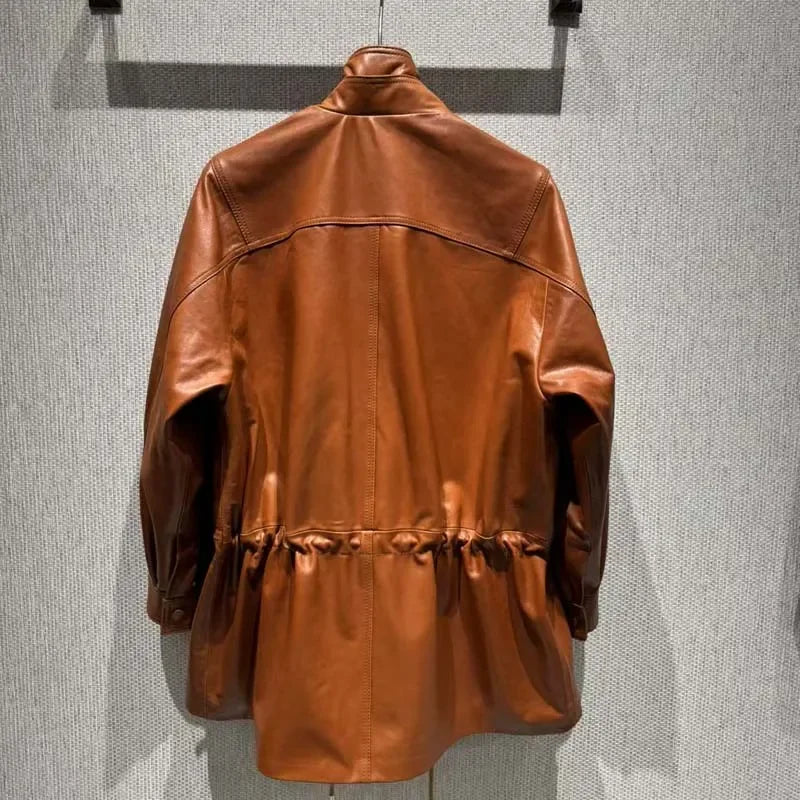 Real Sheepskin Coat Spring And Autumn Women Regular Length Pleating Design High Quality Outerwear Female Genuine Leather Jacket