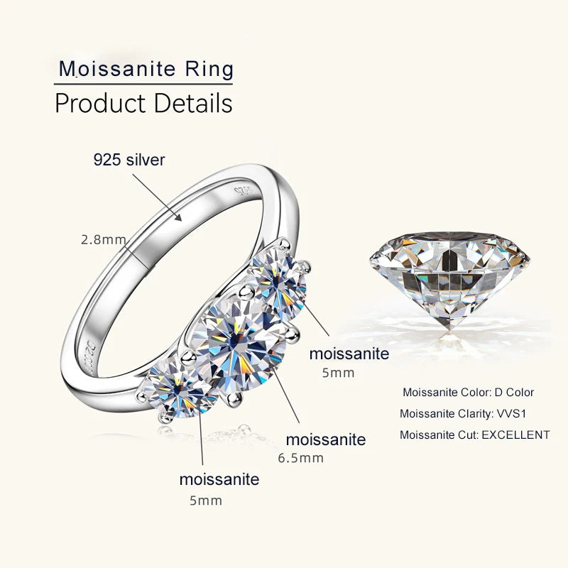 Lnngy Certified GRA Three Stone Moissanite Necklace Ring 925 Sterling Silver Jewelry Set For Women Wedding Engagement Rings Gift