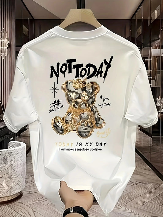 Men's summer 100% pure cotton fashionable casual sports loose cartoon bear 🐻 “Not Today” pattern printed round neck short sleeved T-shirt top