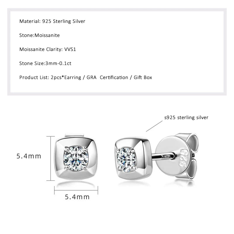 Lnngy 925 Sterling Silver Square Shape Stud Earrings Certified GRA 3mm Moissanite Earring for Women Korean INS Mini Jewelry Gift