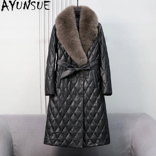 AYUNSUE Fox Fur Collar Genuine Leather Down Jacket Women Winter Clothes 2025 Mid-length Sheepskin Coat for Woman Jaqueta Couro