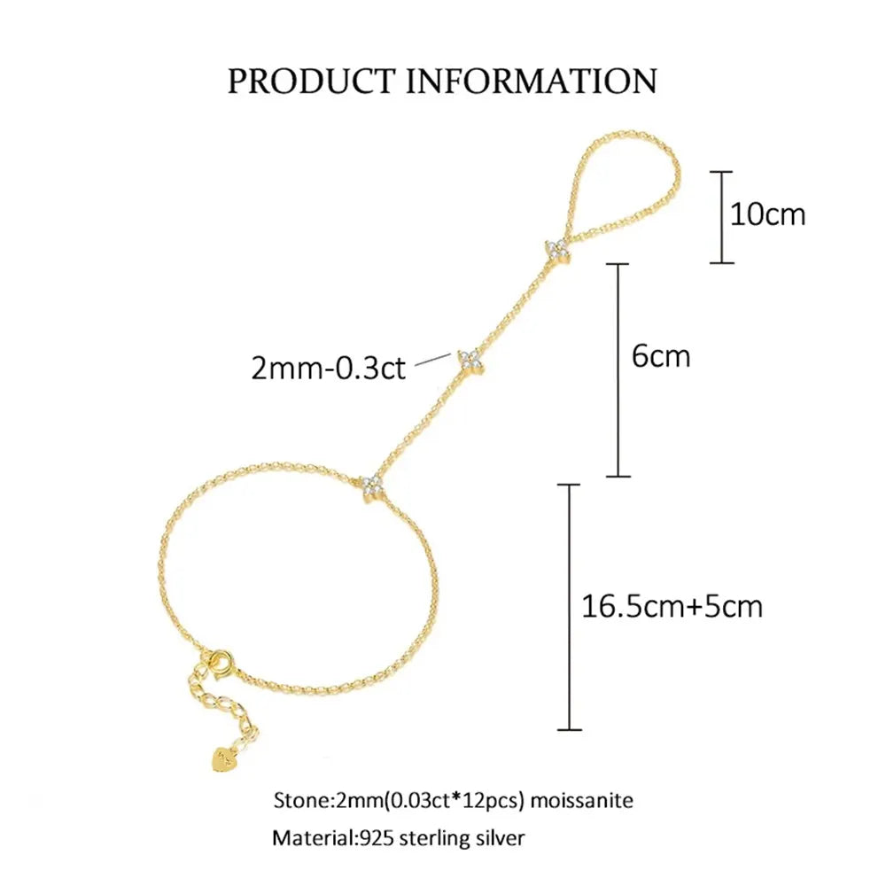 Lnngy Certified Moissanite Bracelet With Ring 925 Sterling Silver Four Leaf Flower Finger Bracelet For Women Hand Chain Jewelry