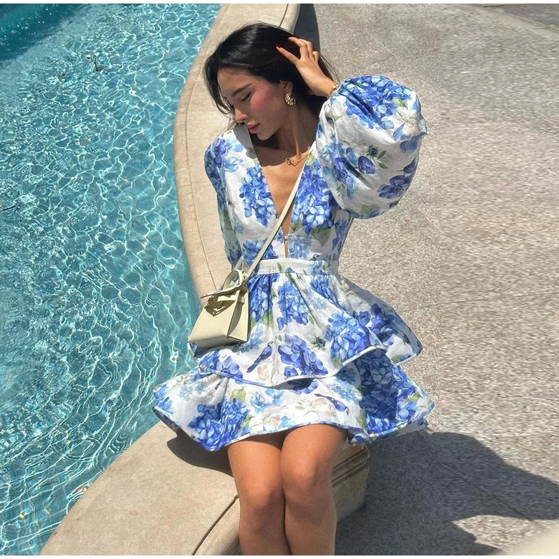Floral Ruffled Hem Mini Dress – Women’s Deep V-Neck Lantern Sleeve Elegant Party Outfit