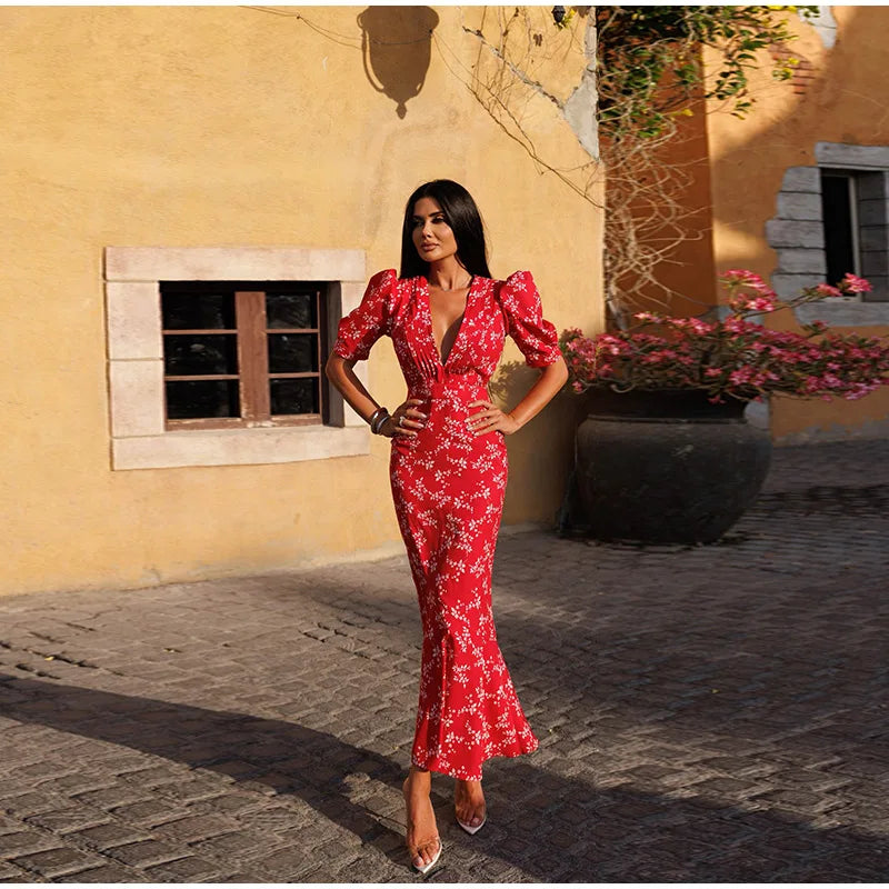 Women Sexy Patchwork Print Dress Fashion V-neck Short Puff Sleeve Hip Package Female Dresses 2025 Summer Urban Lady Robe