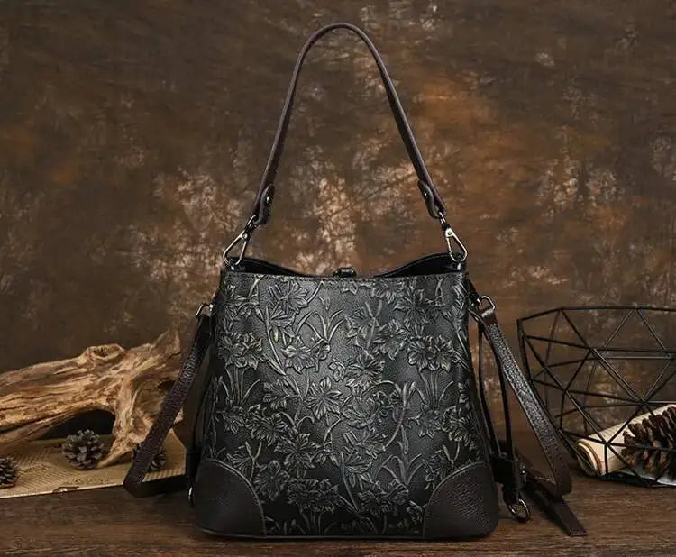 MOTAORA Retro Embossed Genuine Leather Women Shoulder Bucket Bag Luxury Cowhide Handbag Female New Large Capacity Crossbody Bags