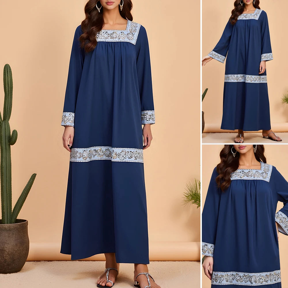 Rafiah Summer Long Arabian Dress 2025 Casual Daily Contrast Color Long Sleeve Square Neck Midi Loose Fit Dresses