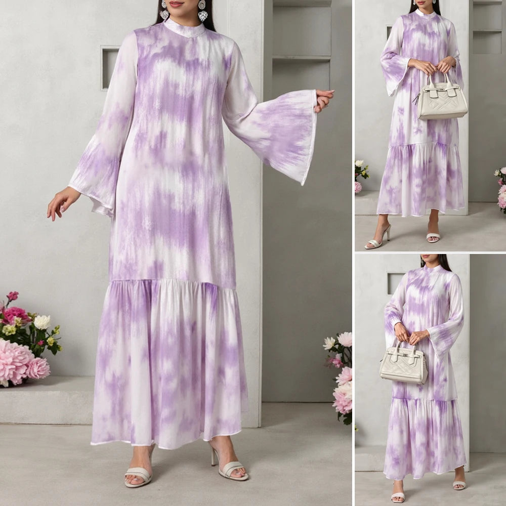 Rafiah Autumn Women's Arabian Dress 2025 Elegant Basics Contrast Color Long Sleeve Round-Neck Ruffle Hem Long Dress