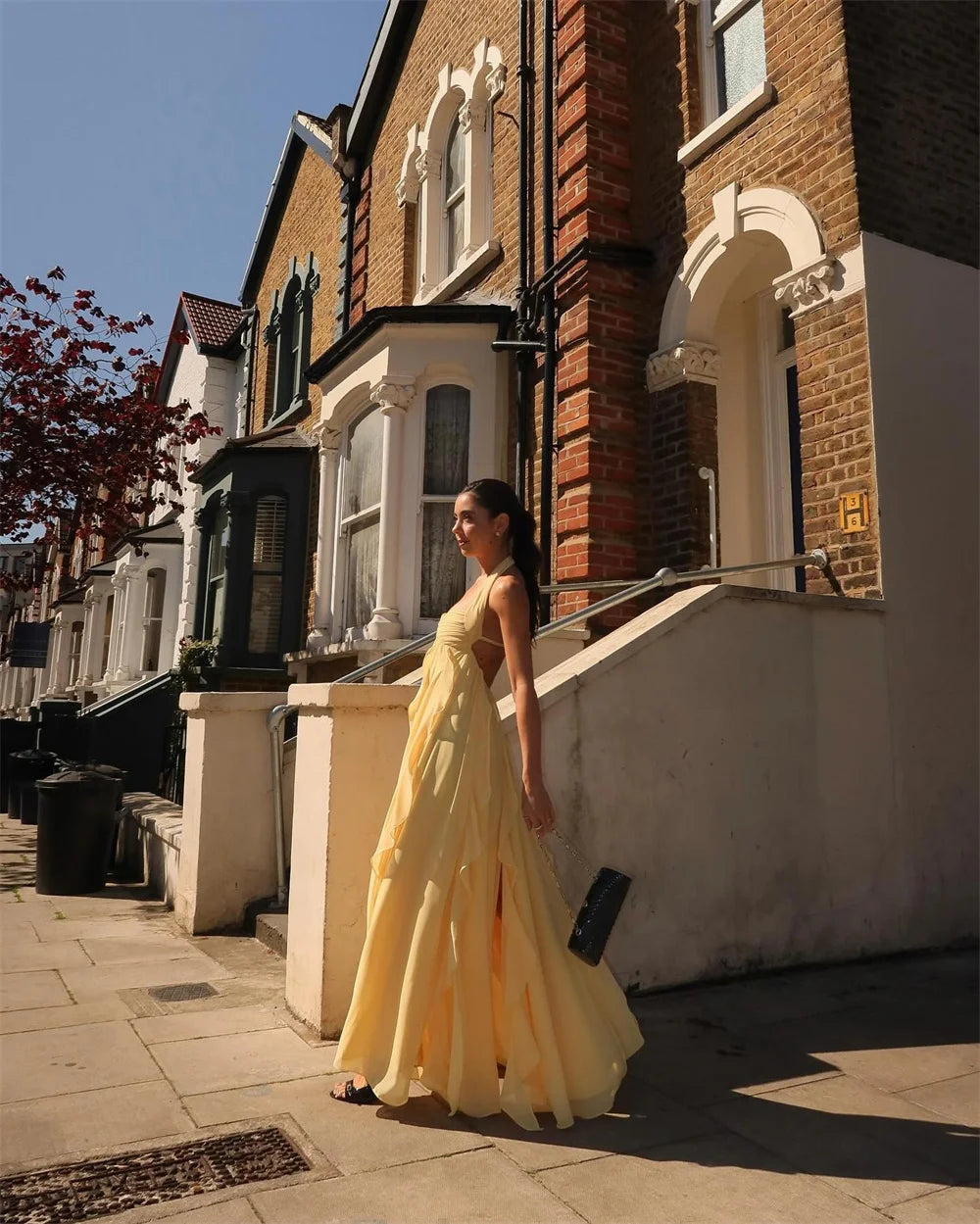 Mila Yellow Halter Neck Customized Party Dresses Elegant Sleeveless Backless Prom Dresses Chiffon Ankle-Length Evening Dresses