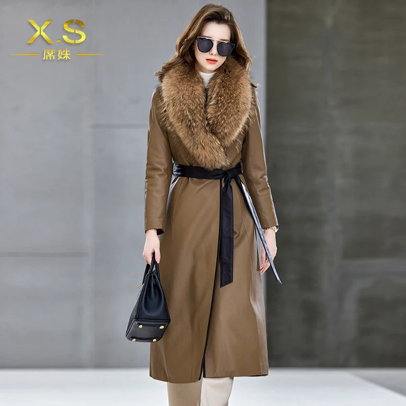 100% Sheepskin Puffer Jacket Women High Quality Long Down Coats Winter Raccoon Fur Collar Coat Womans Clothing Leren Donsjas