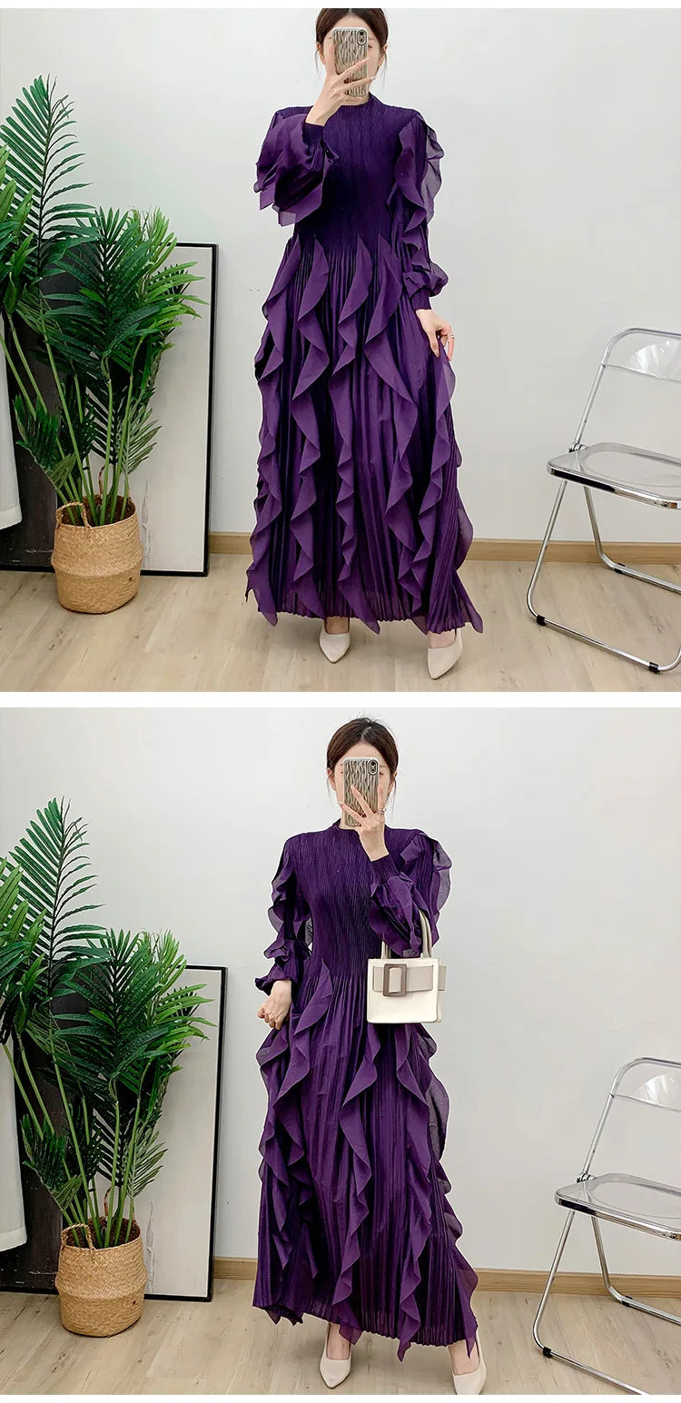 Fashion Ruffles Pleated Dress Women Round Neck Flare Sleeves Solid Maxi Belt Dresses Party 2025 Autumn New
