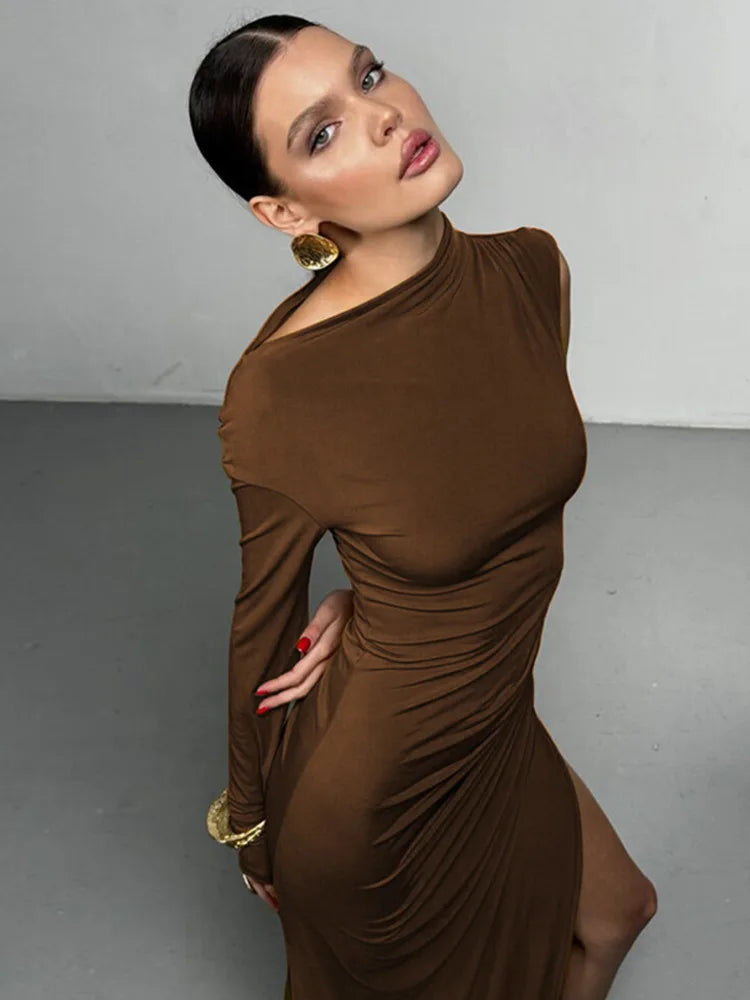 Articat Elegant Single Sleeve High Elasticity Tight Fold Dress Women New 2025 Winter Party Club Evening Dress Bodycon Vestdos