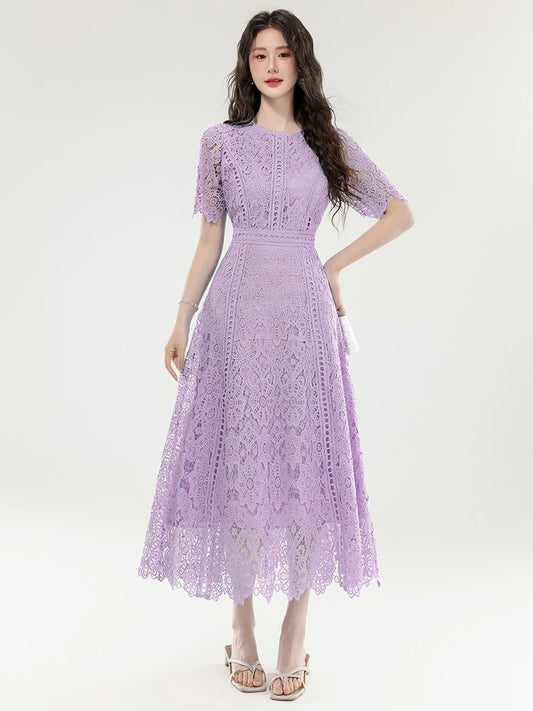 2025 New Summer French Elegant Fashion Evening Dress Women Lace Hollow Out Crochet Party Dress Casual Chic Holidays Clothing