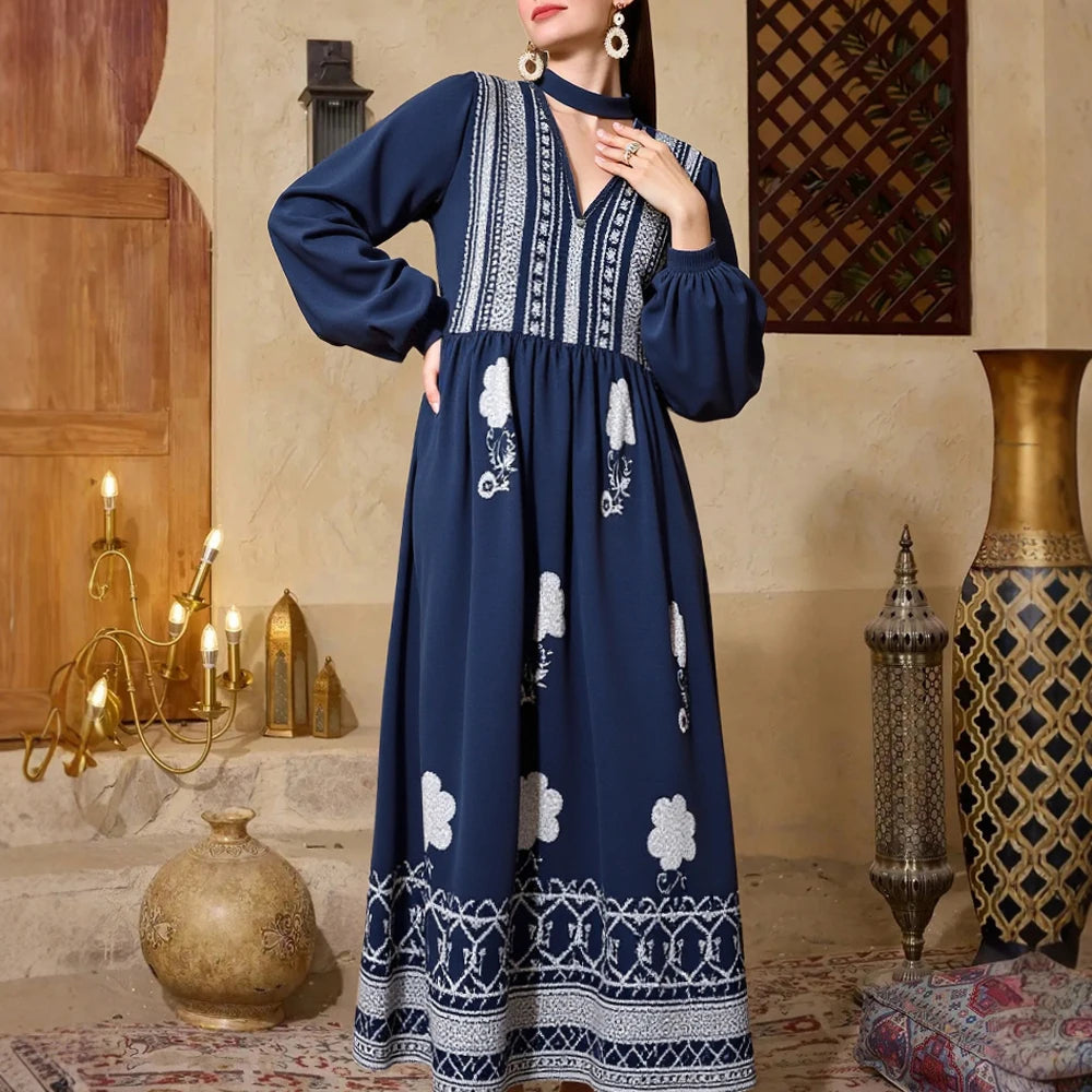 Rafiah Women's Dresses Autumn Winter Elegant Decent 2025 Printing Long Sleeve V-Neck Midi A Line Casual Dresses