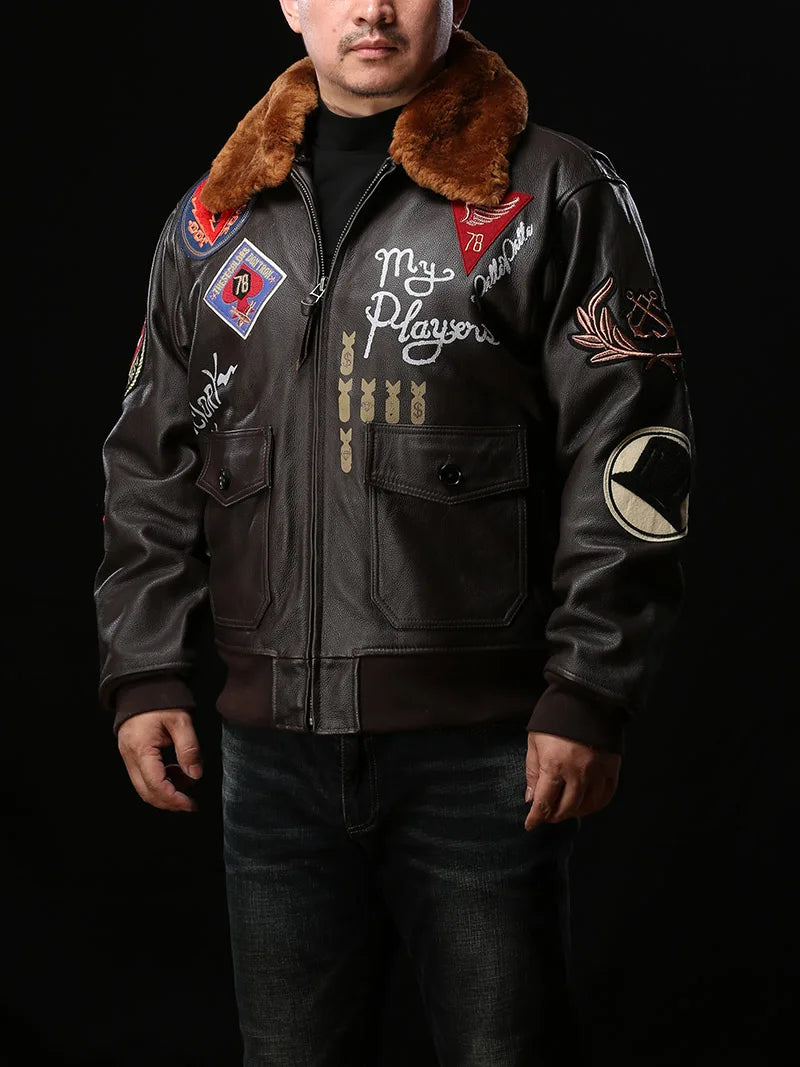 Super Fast Shipping G1 Pilot Jacket Men Removable Hair Collar Genuine Cowhide Vintage Embroidered Label Casual Leather coat TOP