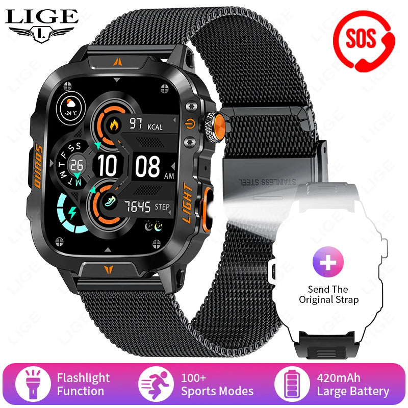 LIGE Military Smart Watch Men 1.96" Screen 3ATM Waterproof Bracelet Bluetooth Call AI Voice Sport Smartwatch With LED Flashlight