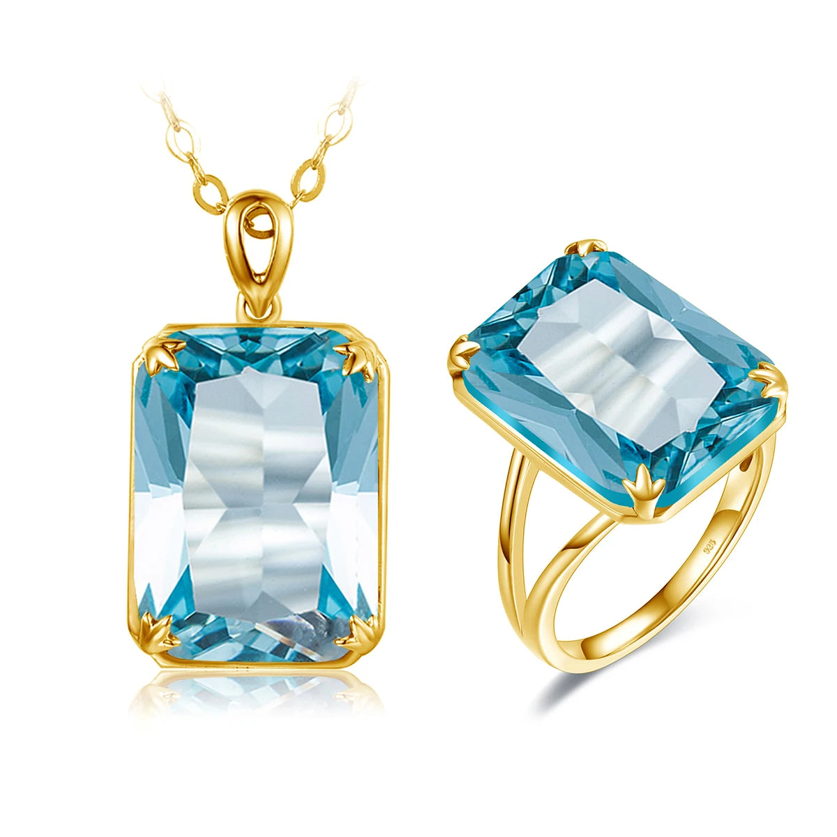 Classic Jewelry Sets for Women 18K Gold Plated Aquamarine Ring Earrings Pendant Silver 925 Anniversary Wedding Quality Gifts
