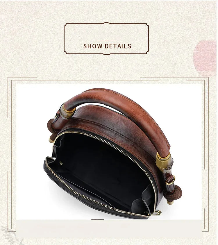 MOTAORA Bamboo Top Handle Embossed Leather Shoulder Bag, Vintage Bohemian Crossbody Purse for Women Handmade Large Capacity Tote