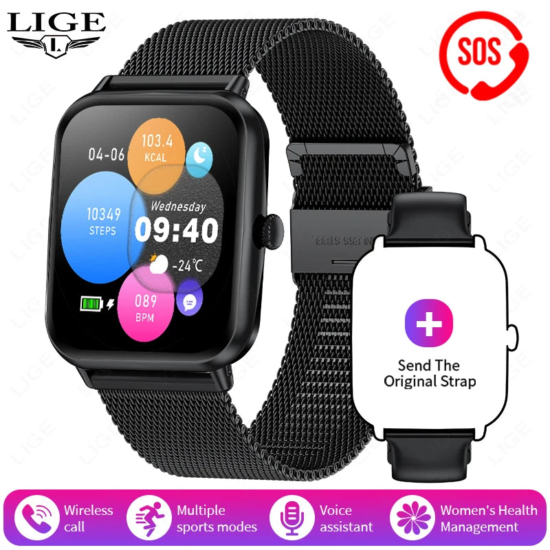ساعة LIGE Fashion الذكية للنساء مقاس 1.83 بوصة عالية الدقة، ساعة رياضية للياقة البدنية، مراقبة الصحة، ساعة ذكية رقمية للرجال مقاومة للماء، سوار للسيدات