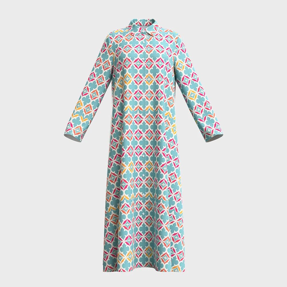 Rafiah Women's Long Dresses Summer Elegant 2025 Full Print Decent Long Sleeve Shirt Collar A-Line Midi Vacation Dresses
