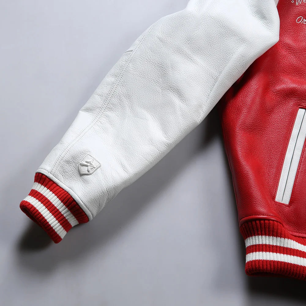 Men's Real Leather Jacket with Embroidery thicken first layer cowhide leather Leather Winter Classic Warm Baseball outfits Coat