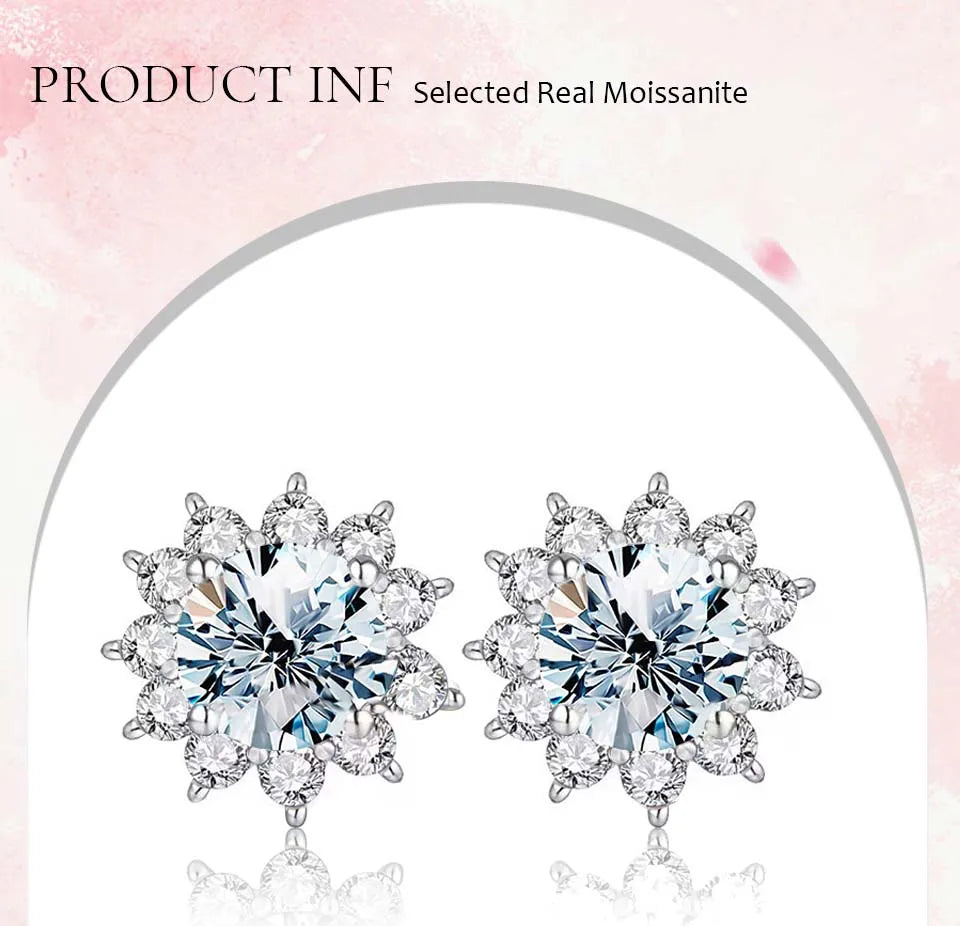 GRA Moissanite Diamond Unusual Halo Sun Flower Stud Earrings for Women 925 Sterling Silver Solitaire Wedding Party Fine Jewelry