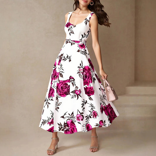 Woman wearing a white dress with pink floral pattern, holding a pink handbag.