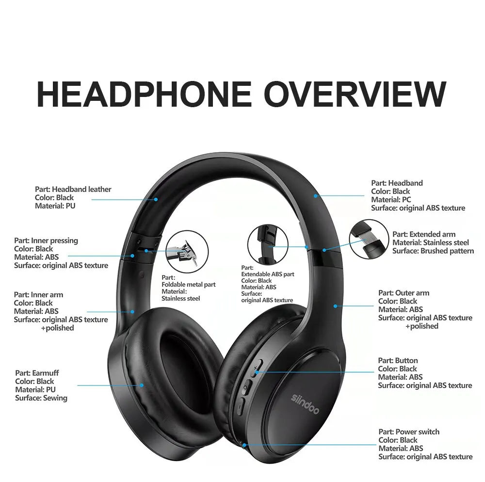 Siindoo JH919 Wireless Bluetooth Headphones Foldable Stereo Earphones Super Bass Noise Reduction Mic For Laptop PC TV