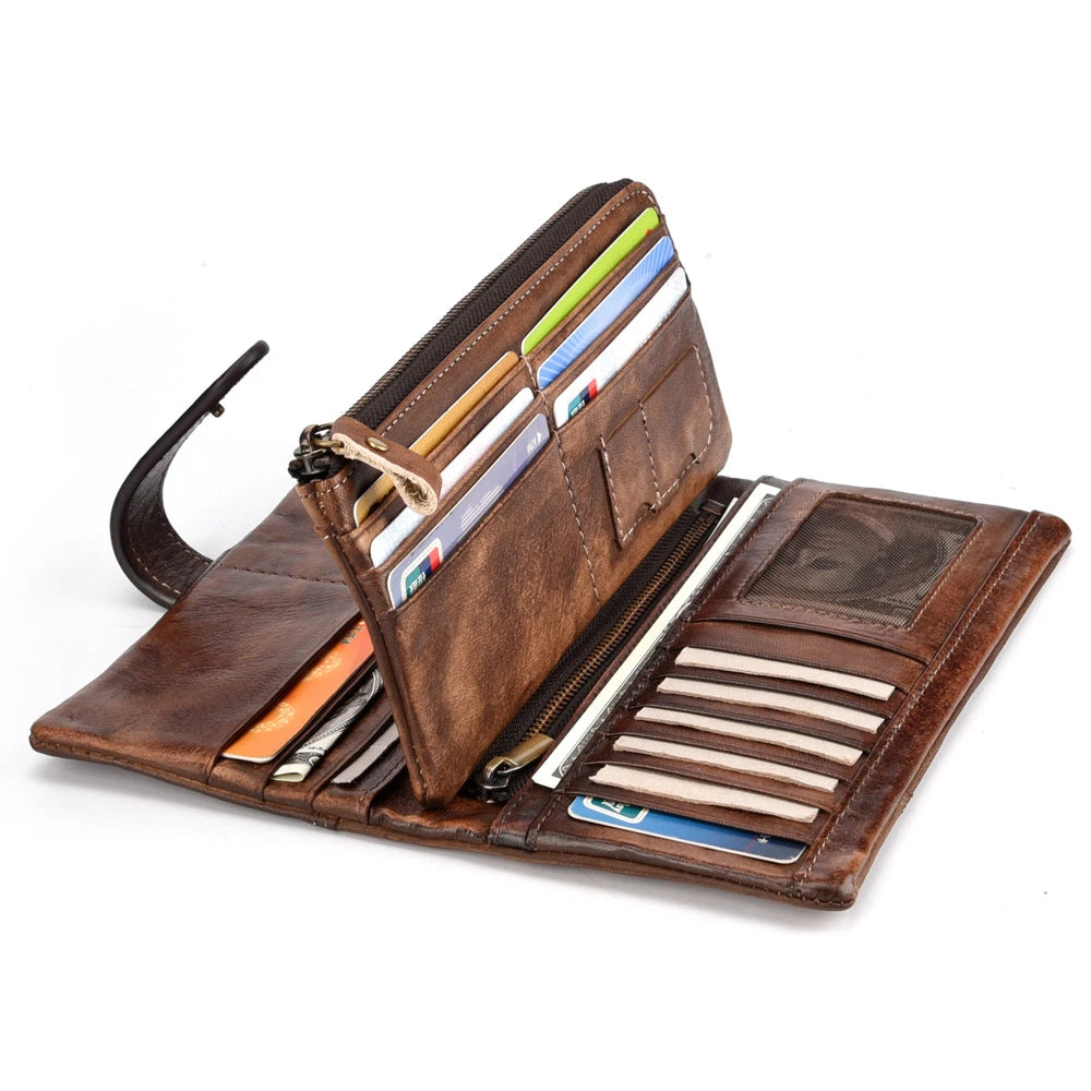 Motaora Vintage Cowhide Purse Oil Wax Long Wallet For Ladies Multi-card Splicing Wallet Genuine Leather coin purses holders