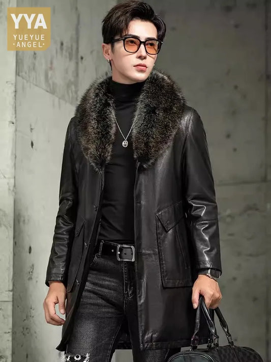 Men’s Luxury Sheepskin Leather Winter Coat – Mid-Long Business Trench with Fur Collar
