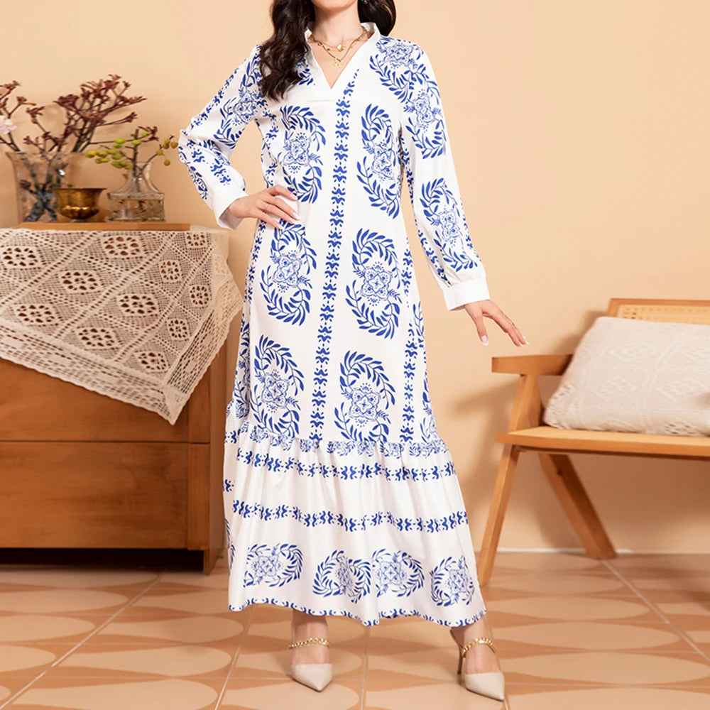 Rafiah Summer Dress 2025 Full Print Women's Elegant Long Sleeve V-Neck A-Line Maxi Dating Arabian Dress