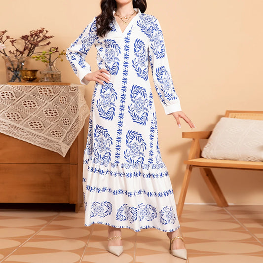 Rafiah Summer Dress 2025 Full Print Women's Elegant Long Sleeve V-Neck A-Line Maxi Dating Arabian Dress