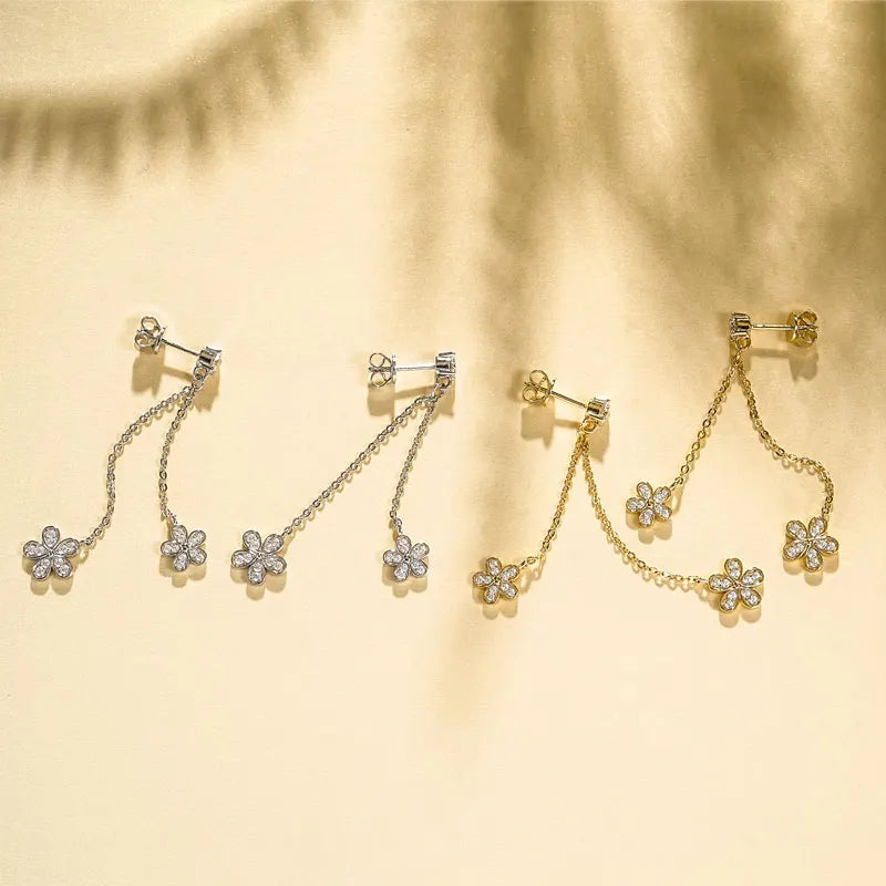 Lnngy Certified D0.30CT Moissanite Flower Earring With GRA Genuine 925 Sterling Silver Tassel Earring For Women Chain Jewelry