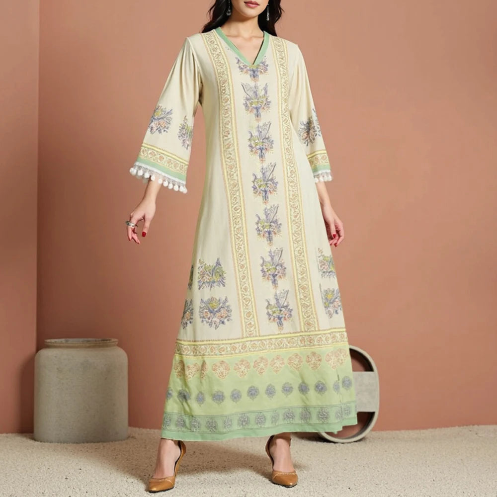 Rafiah Women's Summer Arabian Dress 2025 Classic Sophisticated Tassel Long Sleeve V-Neck Maxi Casual Shift Dresses