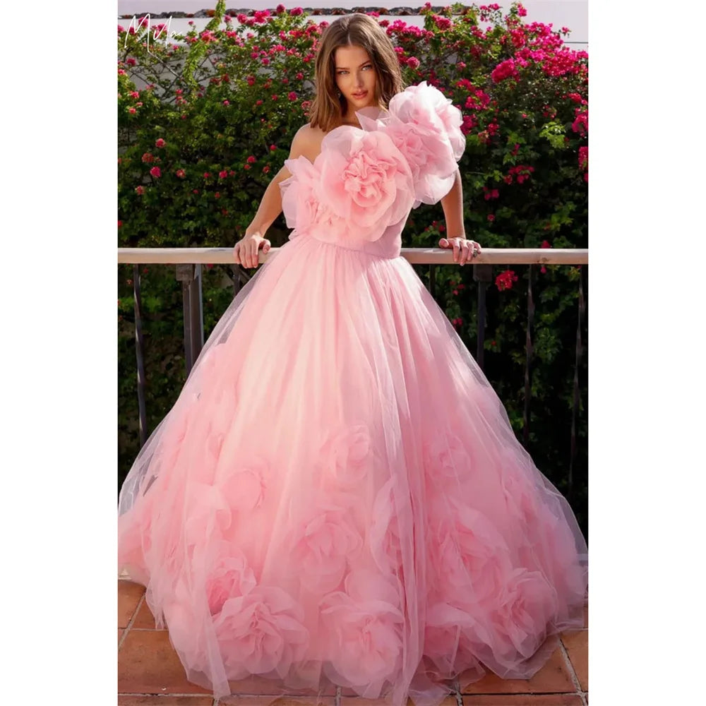 Mila Pink One Shoulder Ball Gown Party Dresses 3D Flower Lace-Up Evening Dresses Tulle Floor-Length Customized Prom Dresses 2025