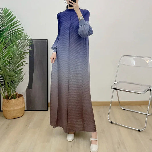 KAF Pleated Women Casual Dress 2025 Spring Autumn New Round Neck Long Sleeve Gradient Color Loose Large Size Design Dresses